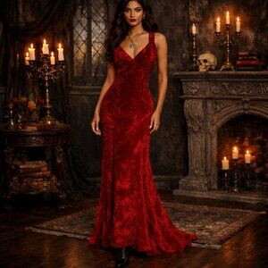 Vintage Jessica Red Crushed Velvet Maxi Dress Medium Romantic punk, dark